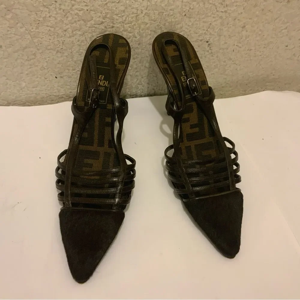 Fendi cage  hair calf Pointed Toe Slingback Pump Kitten Heel Size 6.5